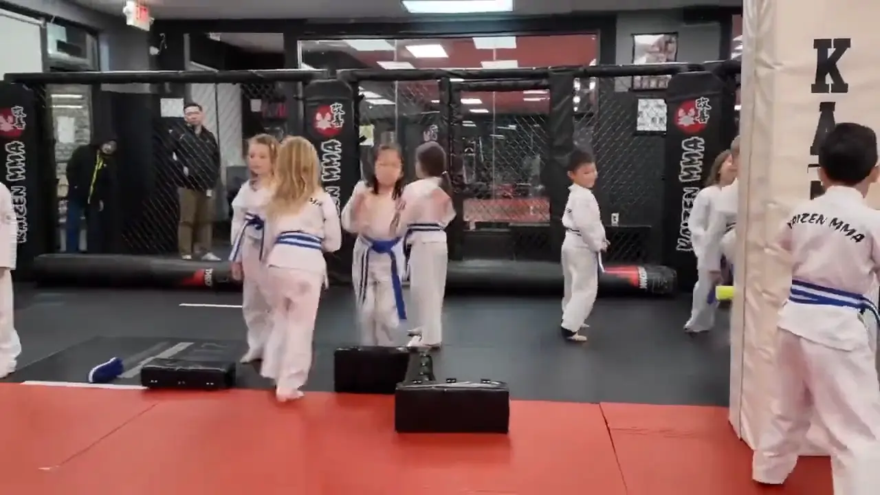Children practicing a martial arts class together on the mats